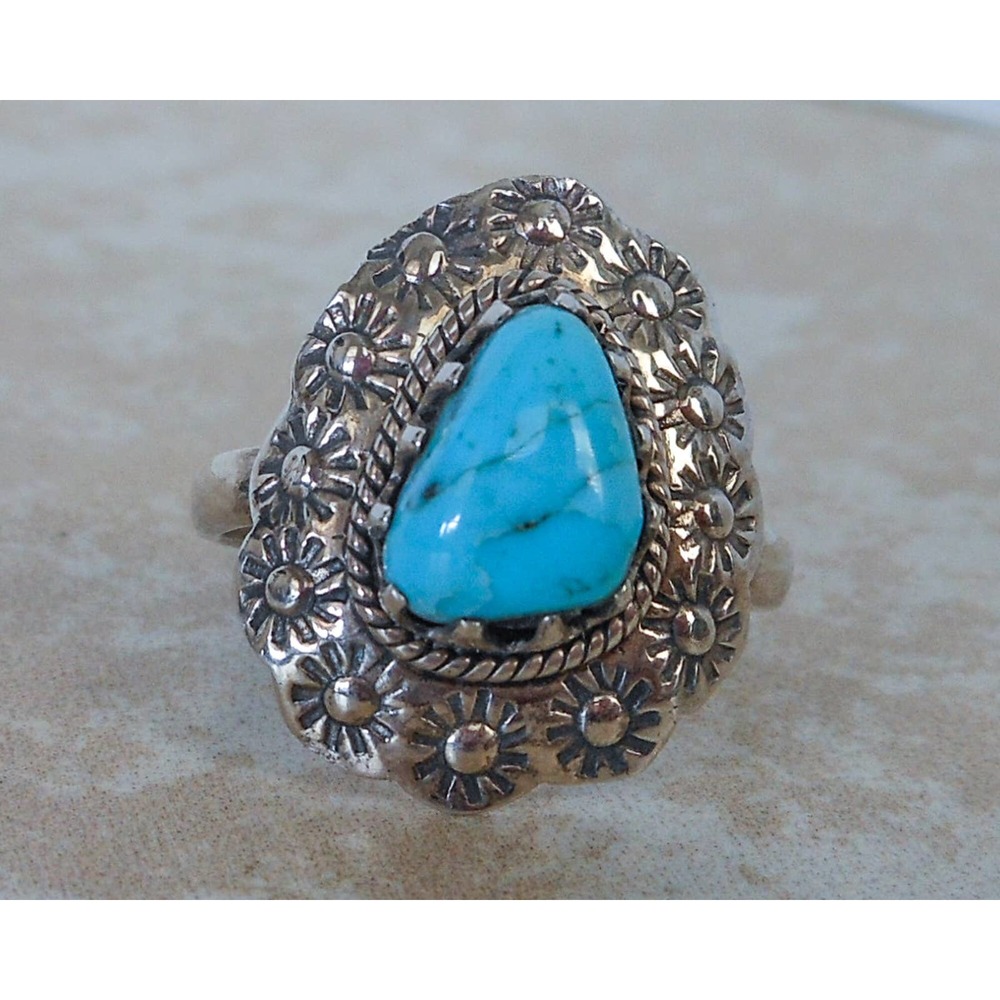 Vintage Sterling Turquoise Sun Ring , Size 8 1/2  Unisex